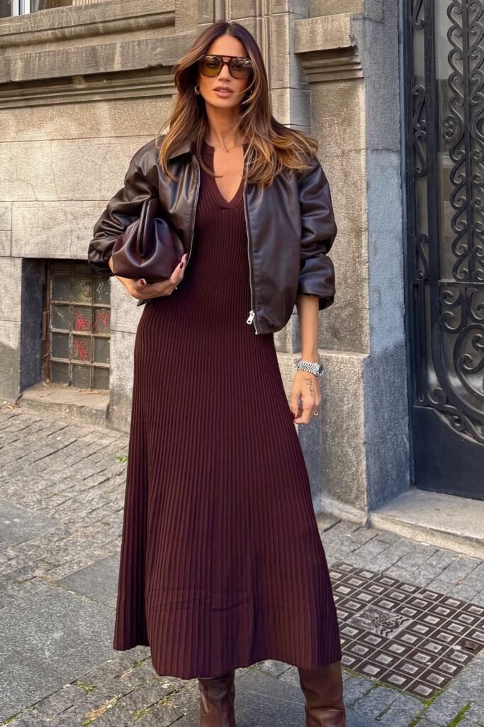 Brown Leather Bomber Jacket + Burgundy Ribbed Knit Maxi-Dress + Brown Boots