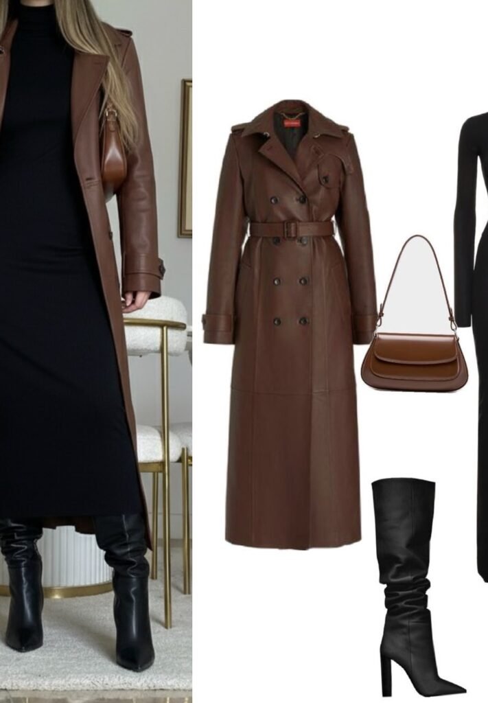 Brown Leather Trench Coat + Black Maxi Dress + Black Slouchy Knee Boots + Brown Shoulder Bag