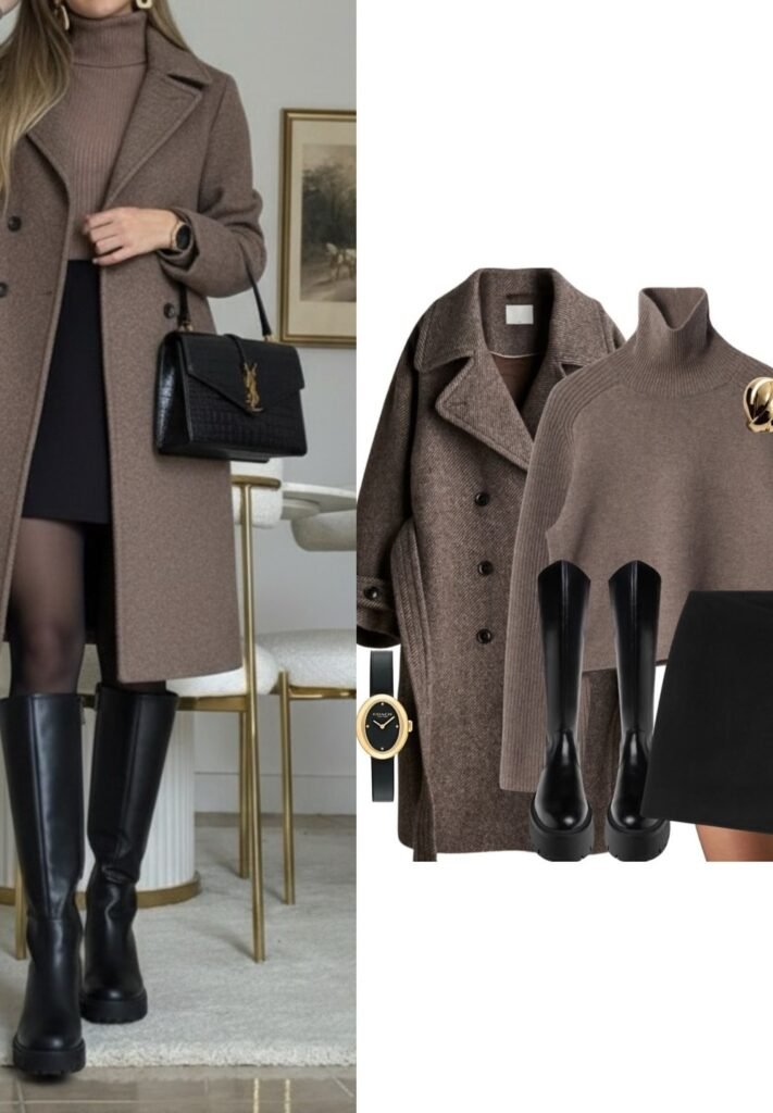 Brown Long Coat + Brown Turtleneck Sweater + Black Mini Skirt + Black Knee Boots + Black Structured Bag