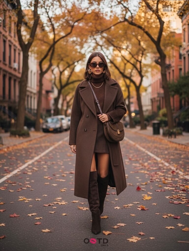Brown Long Coat + Brown Turtleneck Sweater + Brown Mini Skirt + Brown Suede Over-the-Knee Boots