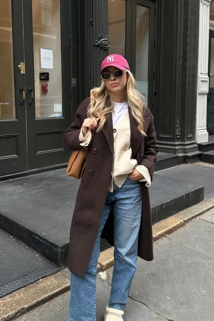 Brown Long Coat + Cream Cardigan + Blue Straight-leg Jeans + Pink Baseball Cap