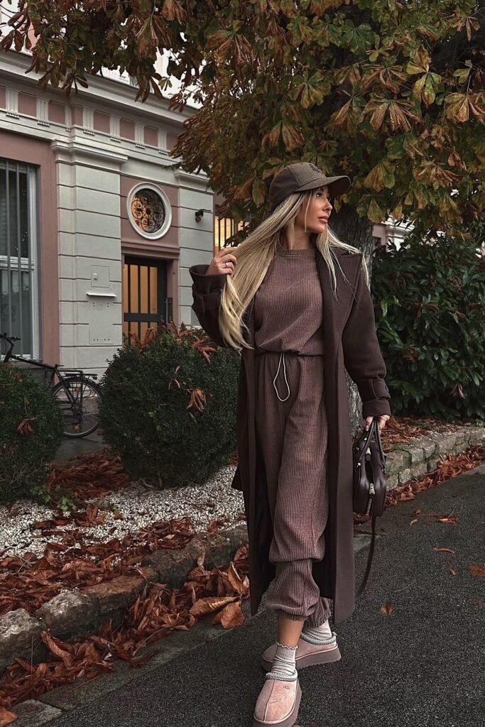 Brown Longline Coat + Ribbed Co-ord Set + Baseball Cap + Ugg-style Boots