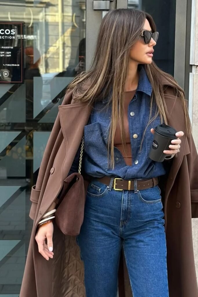 Brown Maxi Coat + Denim Corset Shirt + Dark Wash Straight-Leg Jeans