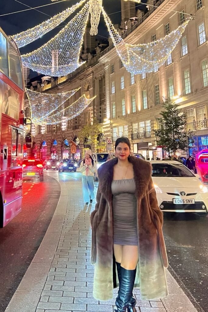 Brown Ombre Faux Fur Coat + Grey Ruched Mini-Dress + Black Over-the-Knee Boots