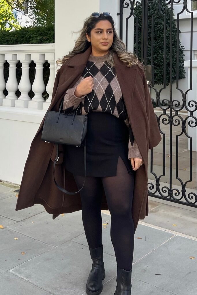 Brown Overcoat + Argyle Sweater + Black Mini Skirt + Black Lug Sole Boots