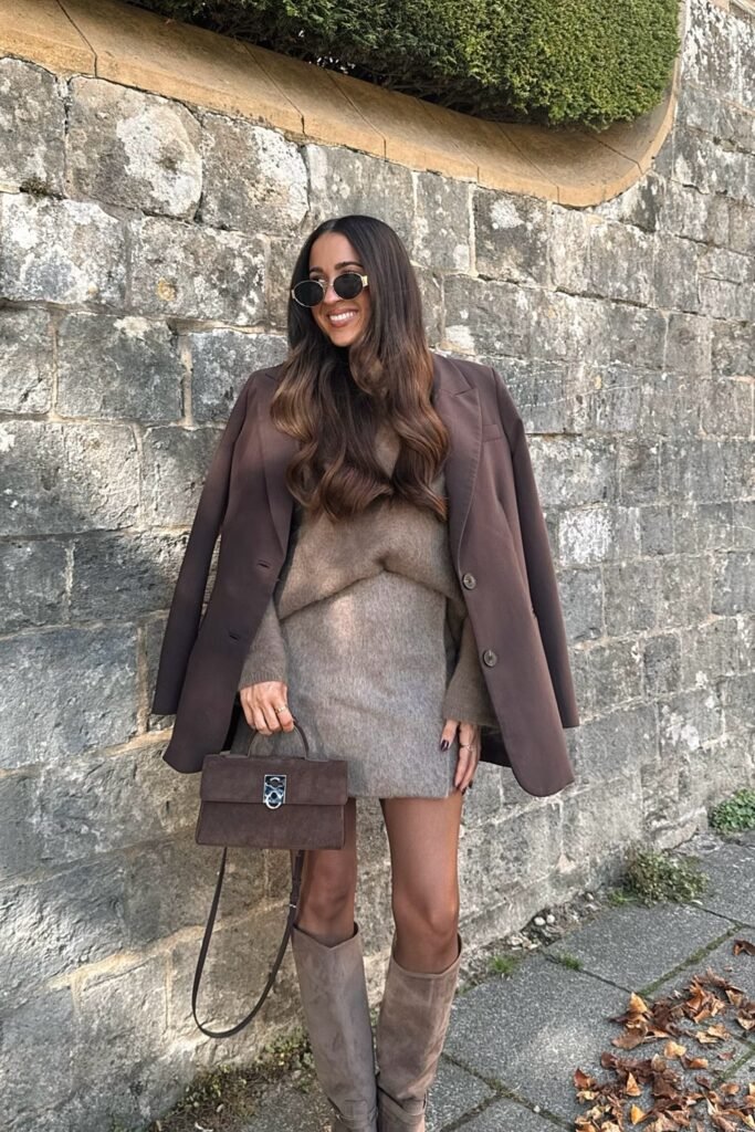 Brown Oversized Blazer + Grey Fuzzy Sweater + Matching Grey Mini Skirt + Brown Suede Knee-High Boots