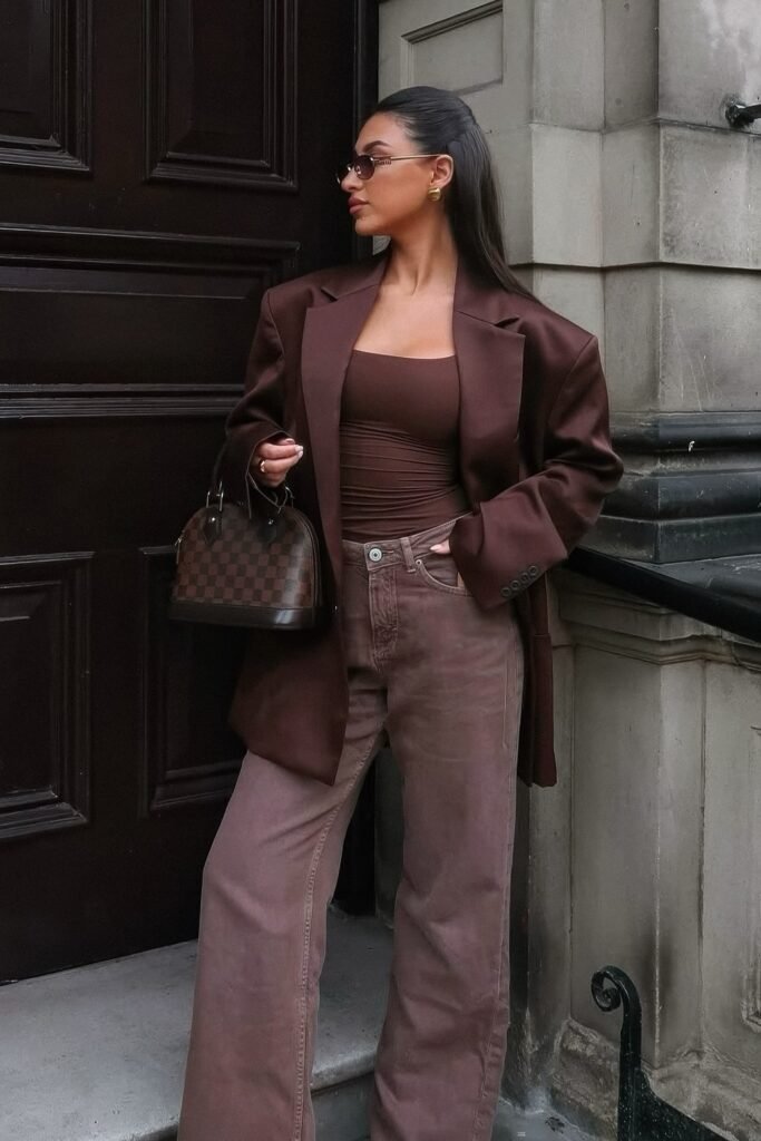 Brown Oversized Blazer + Matching Brown Tank Top/Bodysuit + Mauve/Brown Wide-Leg Jeans + Brown Checkered Top-Handle Bag