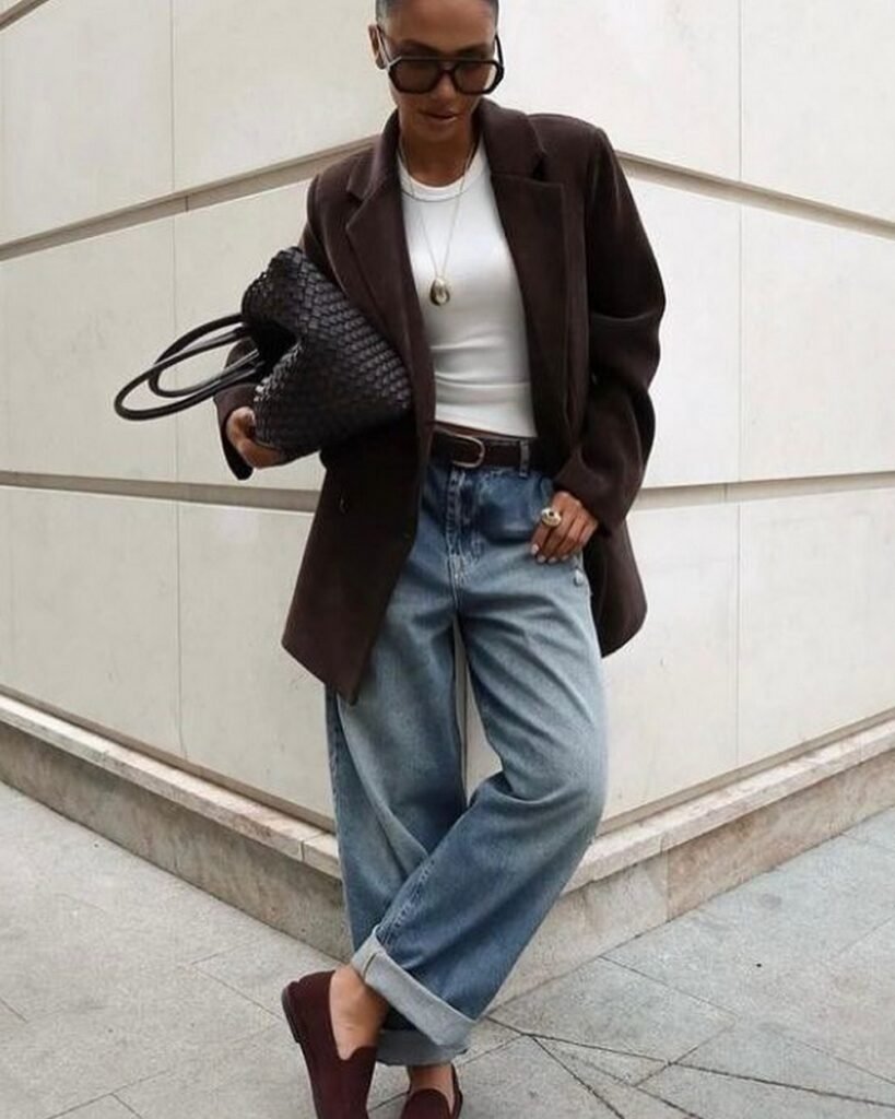 Brown Oversized Blazer + White Ribbed Top + Cuffed Wide-Leg Jeans + Maroon Loafers