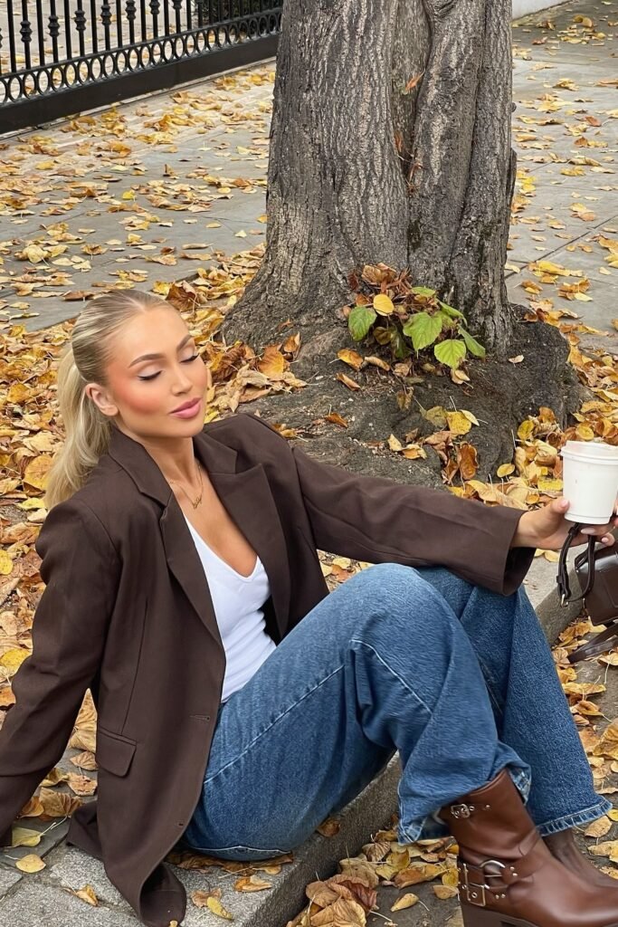 Brown Oversized Blazer + White Tank Top + Blue Baggy Jeans + Brown Moto Boots