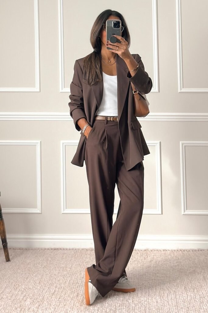 Brown Oversized Blazer + White Tank Top + Brown Wide-Leg Trousers + Brown Belt + Brown Shoulder Bag + White Sneakers