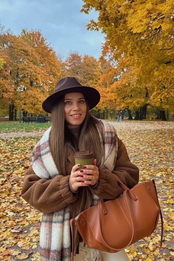 Brown Oversized Faux Sherpa Coat + Plaid Scarf + Brown Fedora Hat + Brown Leather Tote Bag