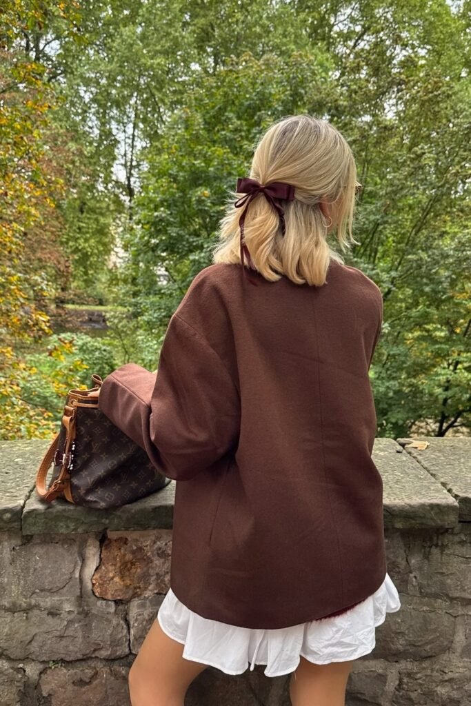 Brown Oversized Jacket + White Mini Dress with Ruffle Hem + Monogram Tote Bag