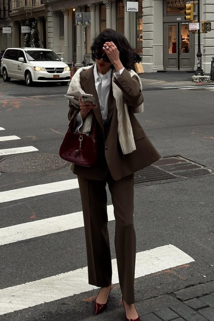 Brown Oversized Suit + White Button-Down Shirt + Burgundy Heels + Cream Knit Sweater over Shoulders