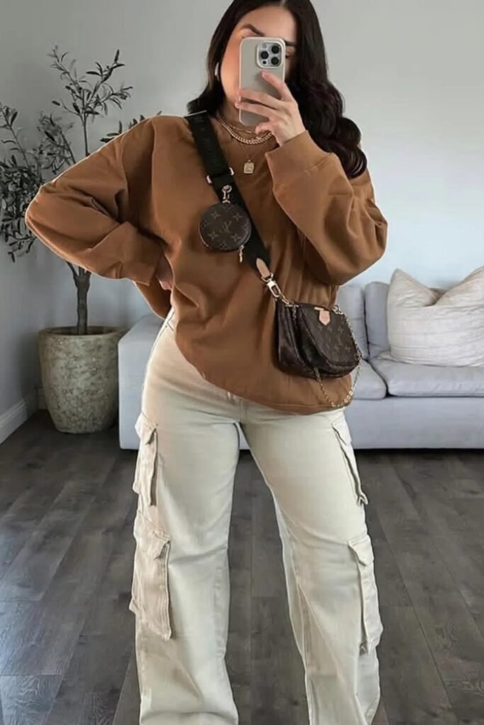Brown Oversized Sweatshirt + Cream Wide-Leg Cargo Pants + Monogram Crossbody Bag