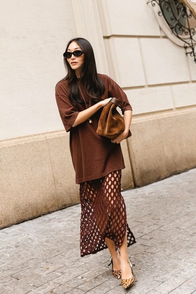 Brown Oversized T-Shirt + Brown Fishnet Maxi Skirt + Leopard Heels + Brown Suede Bag