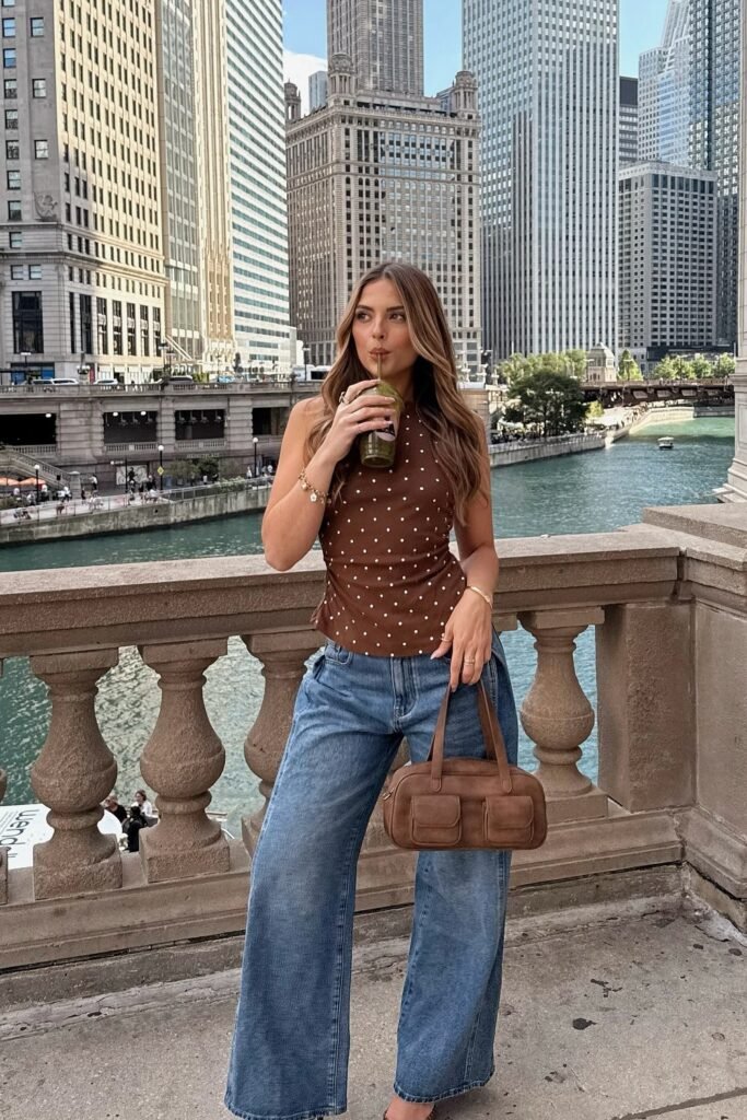Brown Polka Dot Halter Top + Wide-Leg Denim Jeans + Brown Shoulder Bag