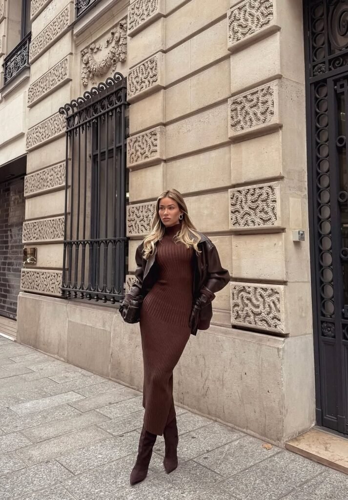 Brown Ribbed Knit Dress + Brown Leather Jacket + Brown Knee-High Boots + Brown Gloves + Brown Mini Bag