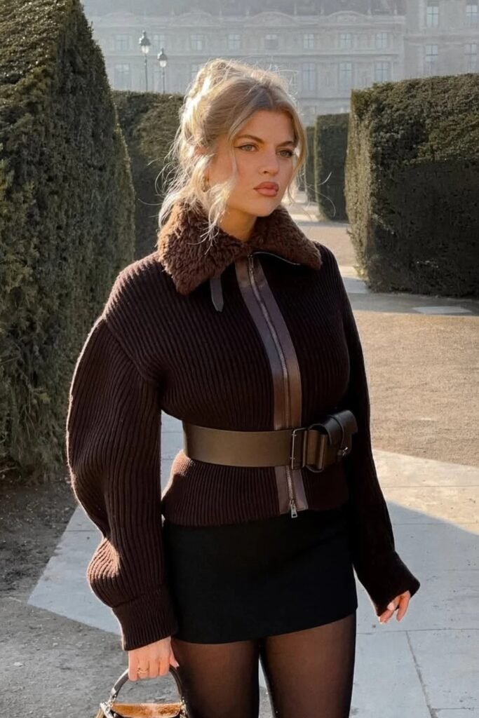Brown Ribbed Knit Zip-Up Sweater with Shearling Collar + Brown Leather Waist Belt Bag + Black Mini Skirt + Black Opaque Tights