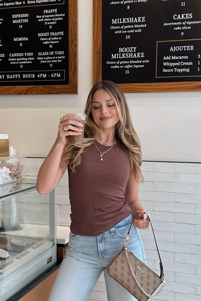 Brown Ribbed Tank Top + Light Wash Straight-Leg Jeans + Logo Shoulder Bag