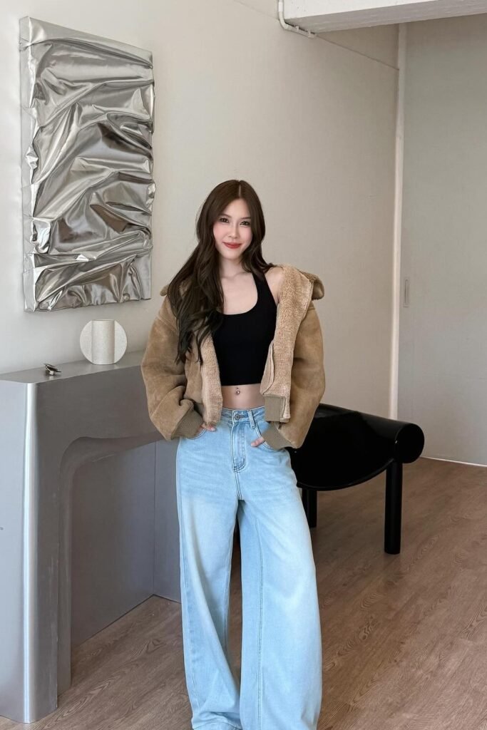 Brown Sherpa Bomber Jacket + Black Halter Crop Top + Light Wash Wide-Leg Jeans