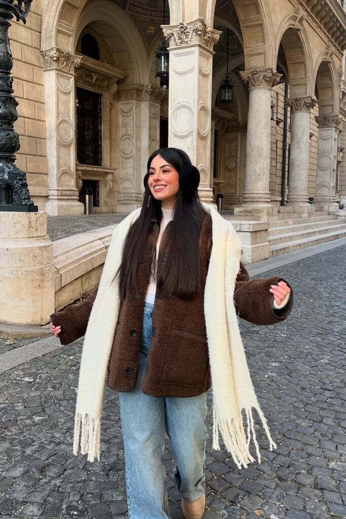 Brown Sherpa Jacket + White Scarf + Light-Wash Baggy Jeans