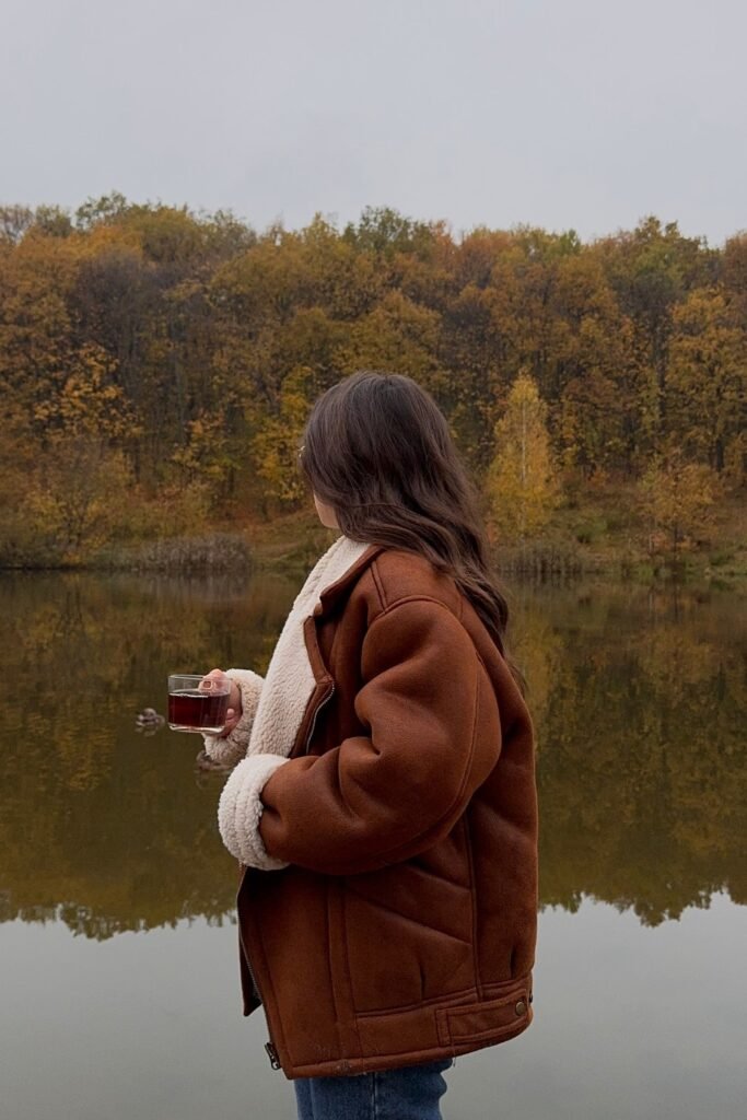 Brown Sherpa-Lined Aviator Jacket + Blue Jeans