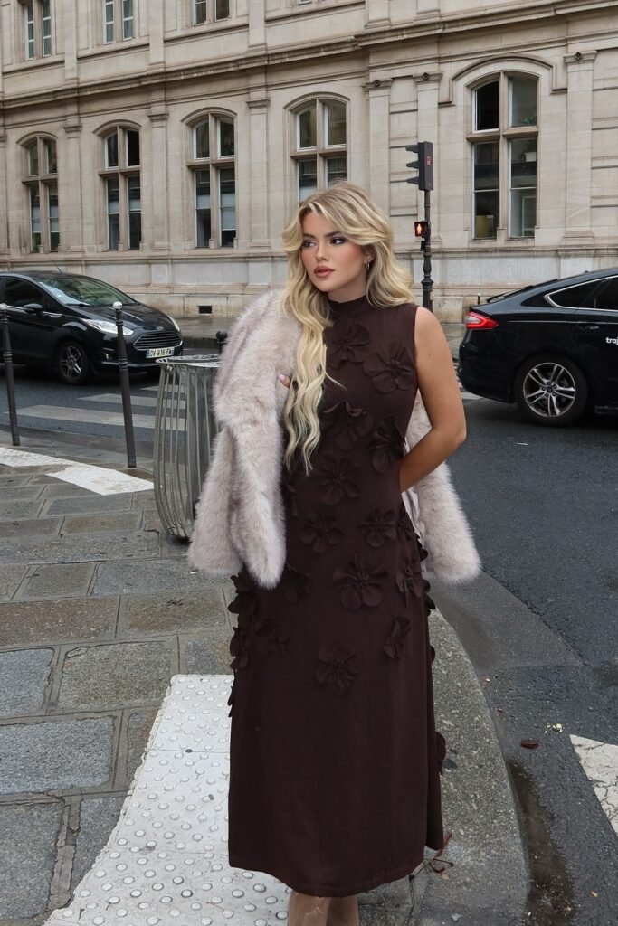 Brown Sleeveless Maxi Dress with Floral Appliqués + Light Grey Faux Fur Stole + Tan Boots