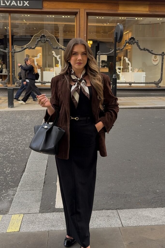 Brown Suede Blazer + Black Maxi Skirt + Black Square Neck Top + Silk Scarf + Black Tote Bag