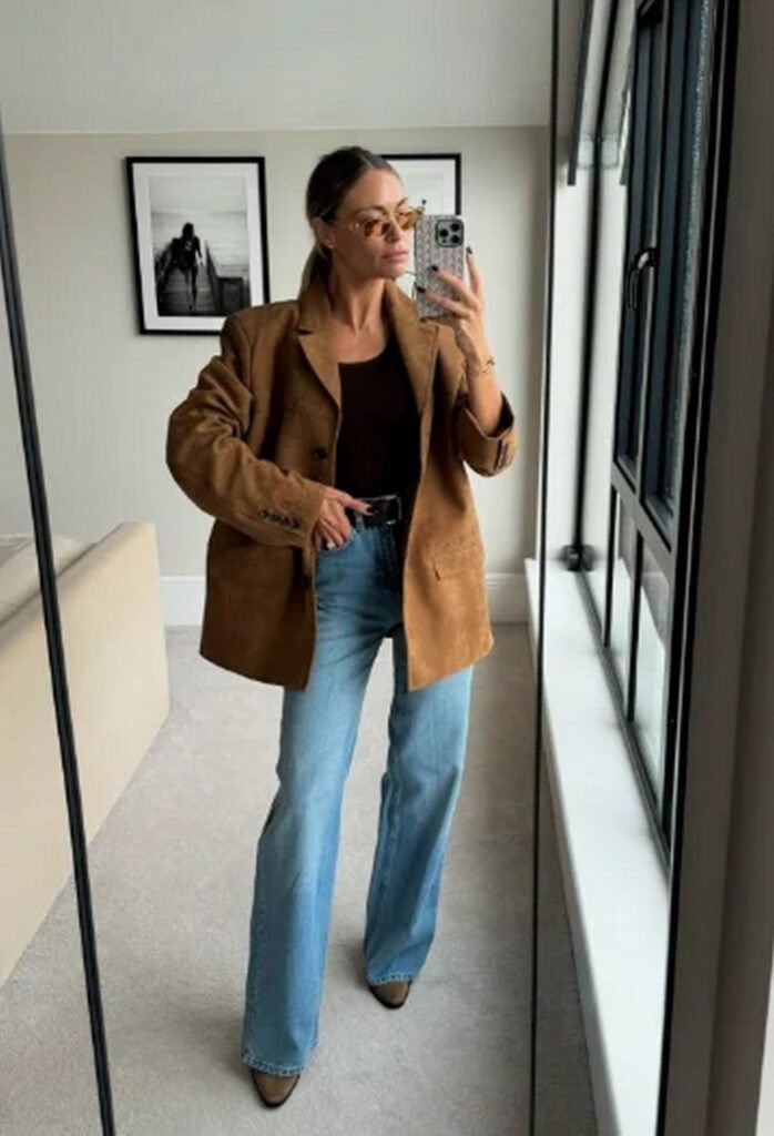 Brown Suede Blazer + Black Tank Top + Light Wash Wide Leg Jeans + Brown Pointed Toe Boots + Orange Tinted Sunglasses