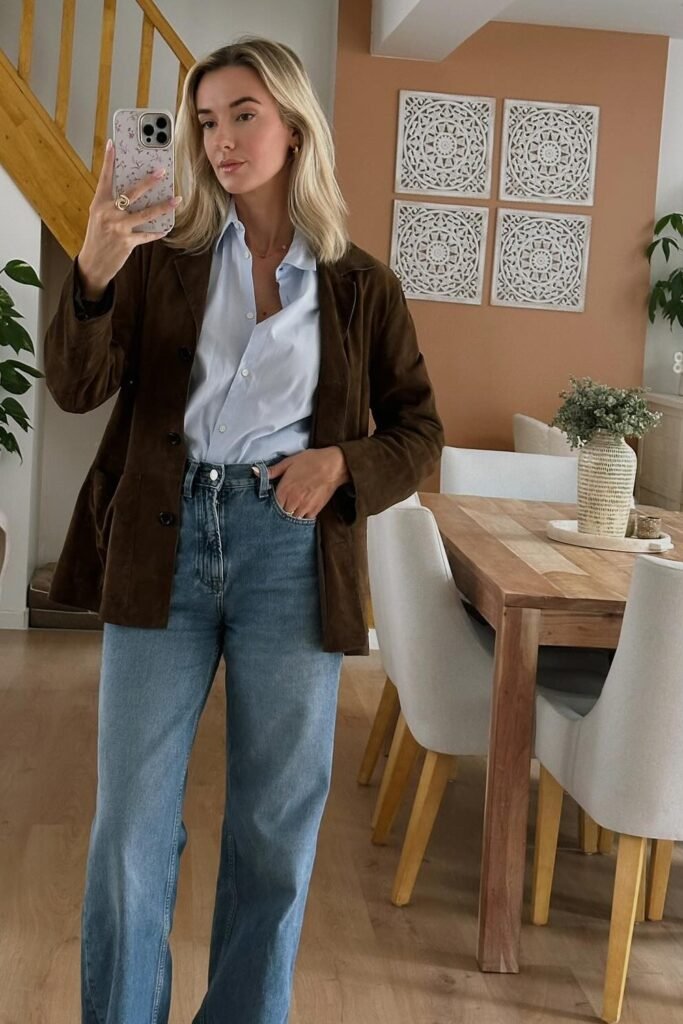 Brown Suede Blazer + Light Blue Button-Down Shirt + Light Wash Wide-Leg Jeans