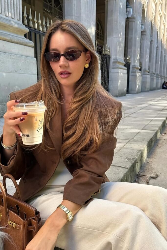 Brown Suede Blazer + White Top + Cream Wide-Leg Trousers + Brown Leather Handbag