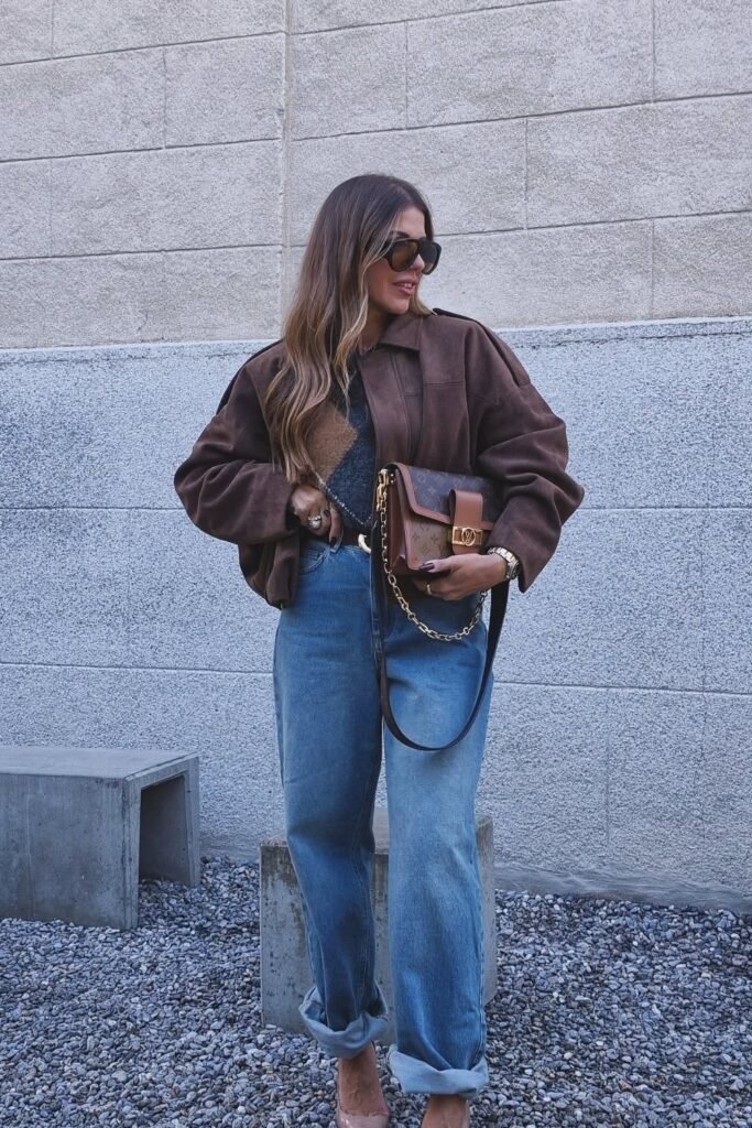 Brown Suede Bomber Jacket + Cuff-Roll Baggy Jeans + Cropped Sweater