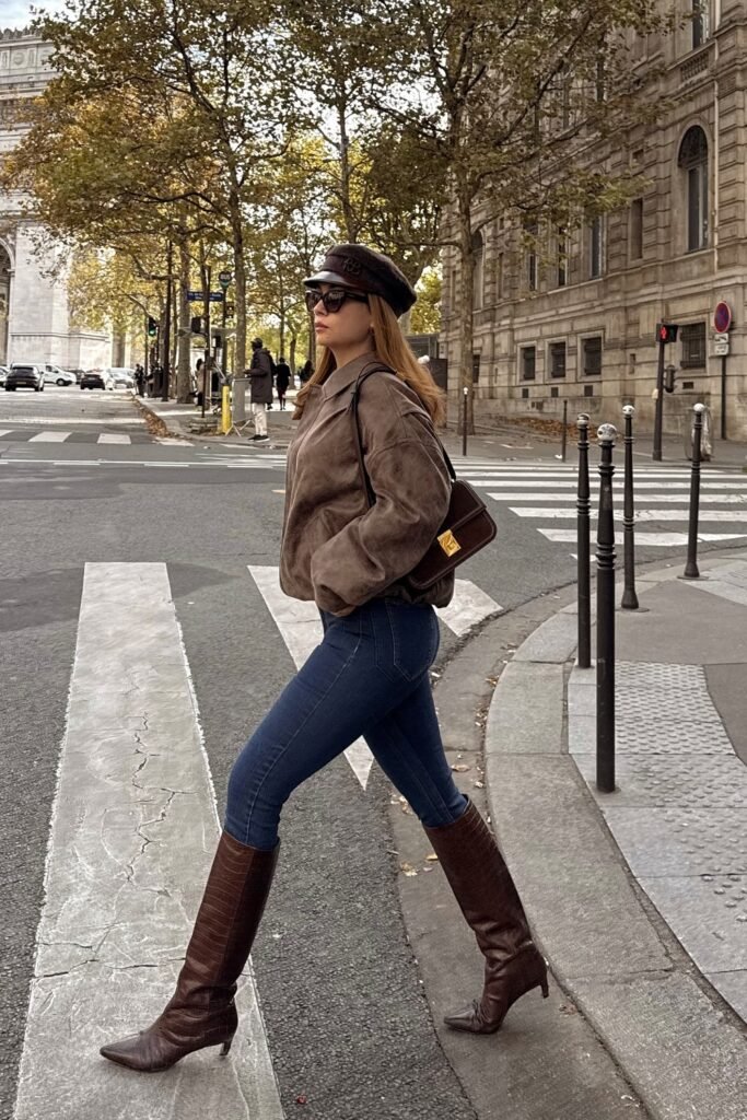 Brown Suede Bomber Jacket + Dark Wash Skinny Jeans + Brown Croc-Embossed Knee-High Boots