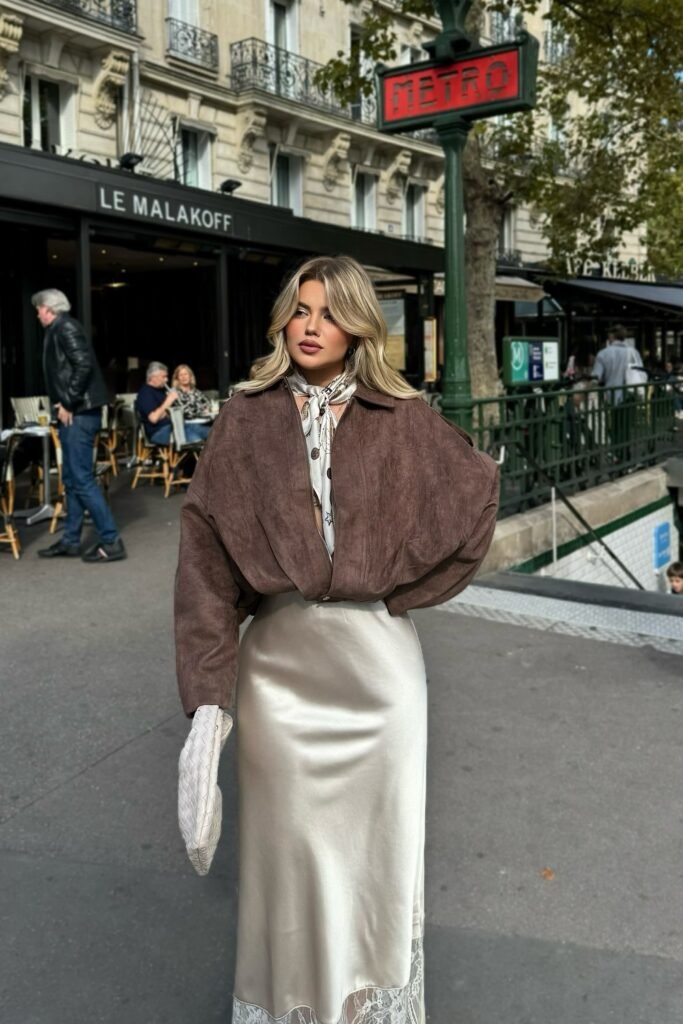 Brown Suede Cropped Jacket + White Silk Blouse + Champagne Lace-Trim Satin Maxi Skirt