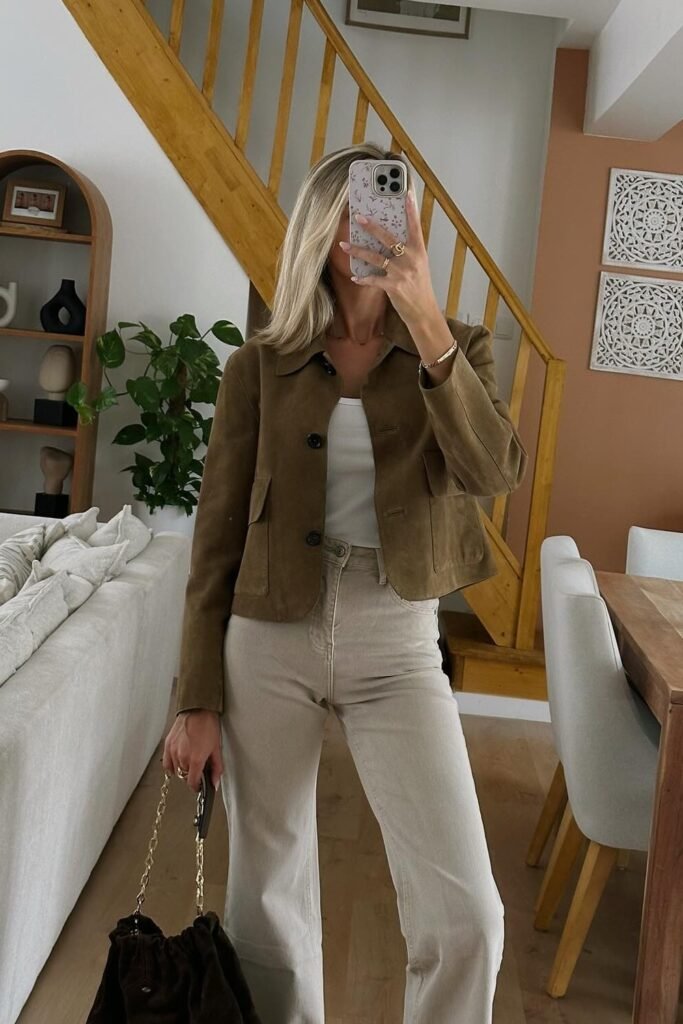 Brown Suede Cropped Jacket + White Tank Top + Cream Wide-Leg Jeans