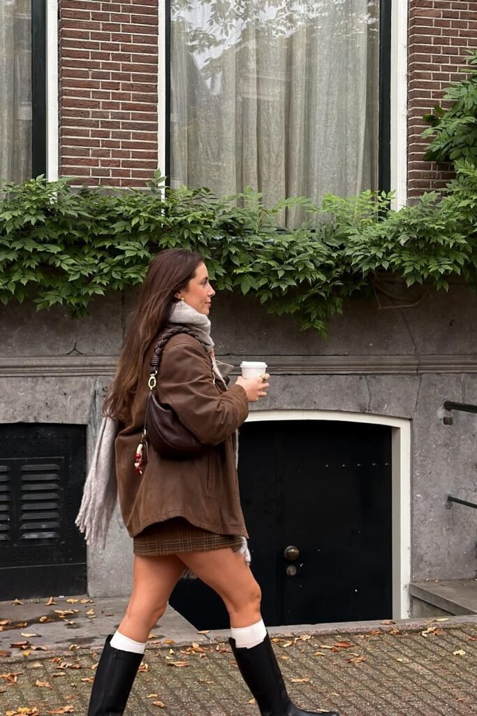 Brown Suede Jacket + Plaid Mini Skirt + Grey Scarf + Black Rain/Wellington Boots + White Socks
