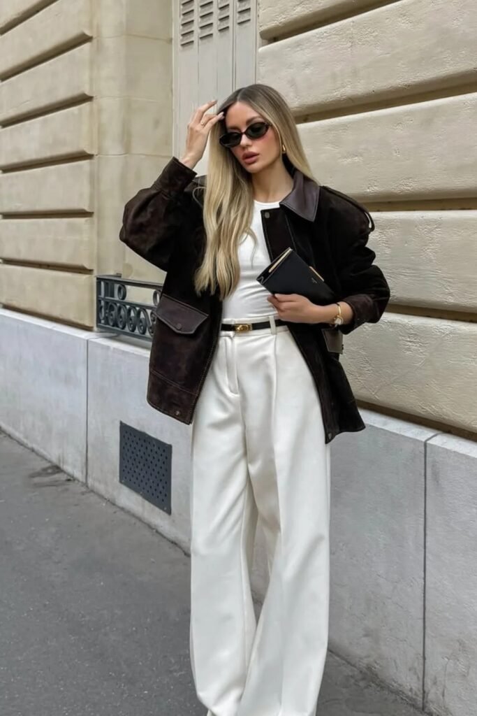Brown Suede Jacket + White T-Shirt + White Pleated Trousers + Black Clutch + Sunglasses