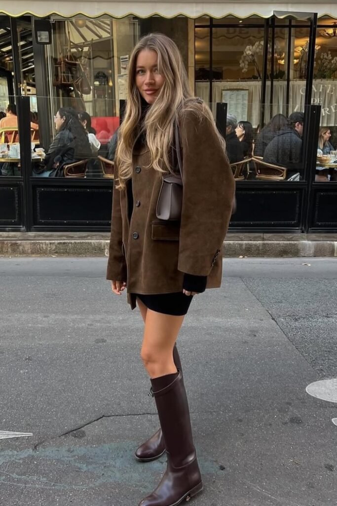 Brown Suede Oversized Blazer + Black Turtleneck Dress/Tunic + Brown Knee-High Boots
