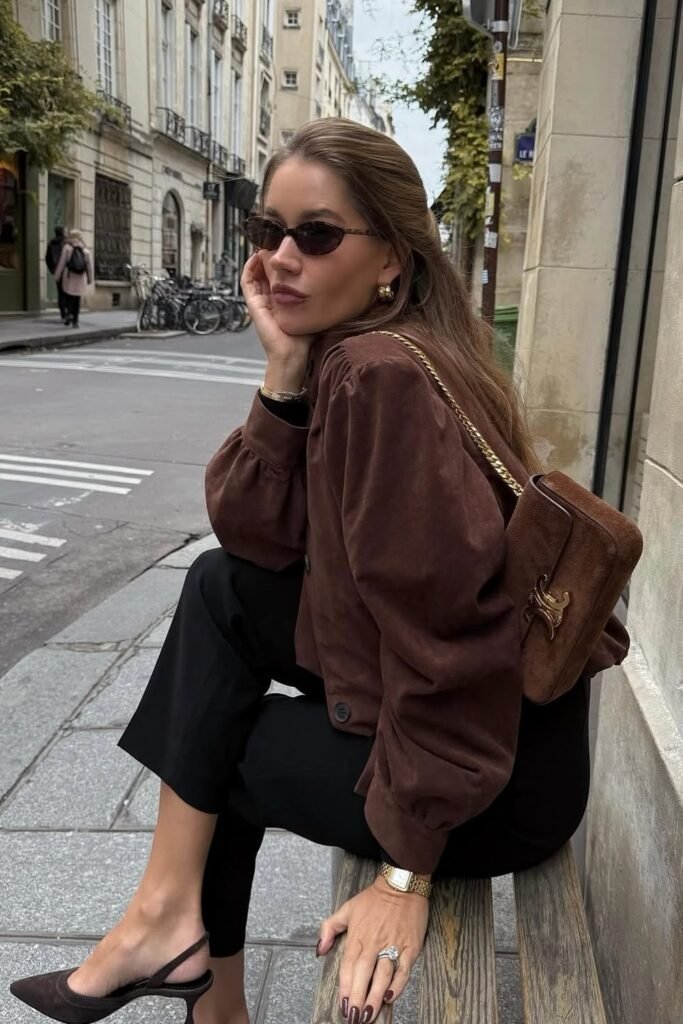 Brown Suede Puffy Sleeve Jacket + Black Trousers + Brown Suede Slingback Heels + Brown Suede Chain Bag