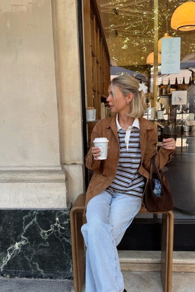Brown Suede Shirt Jacket + Striped Polo Shirt + Light Wash Wide-Leg Jeans + Brown Suede Tote Bag