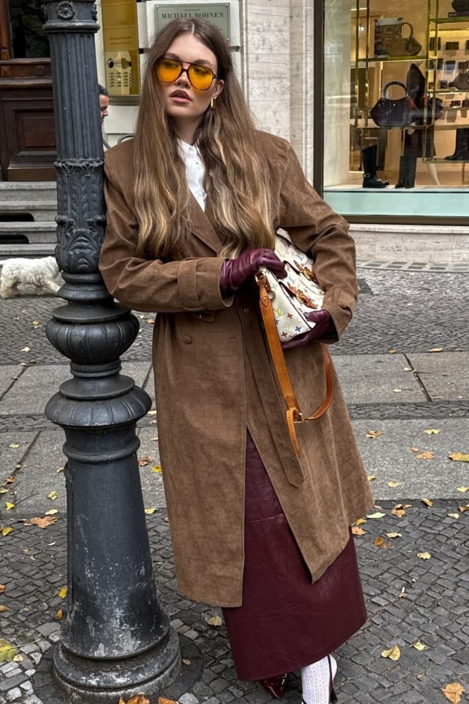Brown Suede Trench Coat + White Blouse + Burgundy Leather Maxi Skirt + Burgundy Gloves