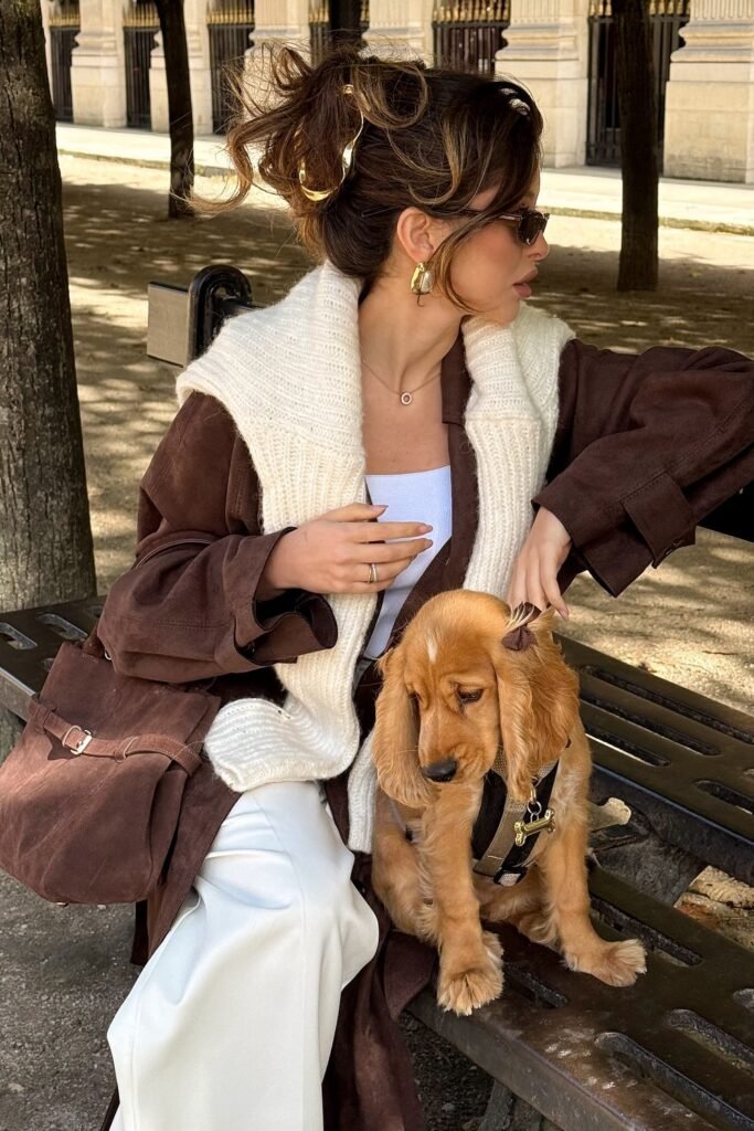 Brown Suede Trench Coat + White Knit Collar Vest + White Wide-Leg Trousers + Brown Suede Crossbody Bag