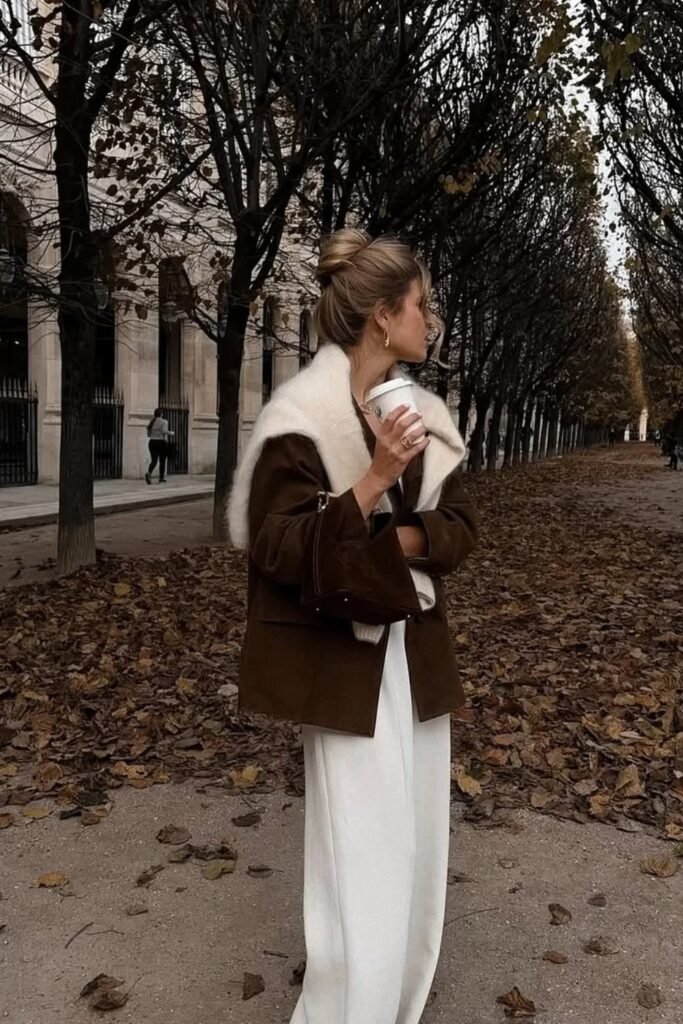 Brown Suede/Corduroy Jacket + Cream/White Wide-Leg Trousers + White Fur/Sherpa Stole/Scarf + White Sweater