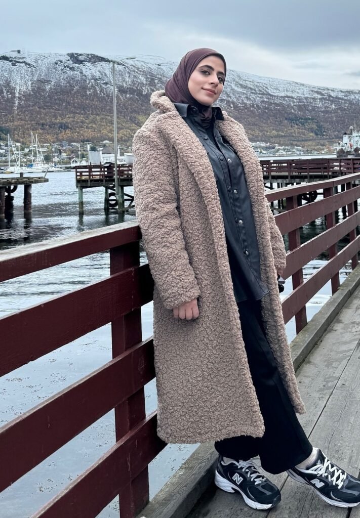 Brown Teddy Coat + Black Leather Button-Down Shirt + Black Wide-Leg Pants