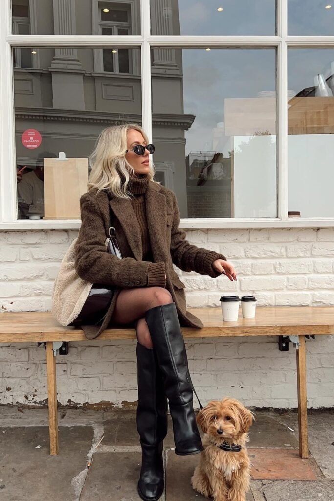 Brown Textured Blazer + Brown Turtleneck Sweater + Black Mini Skirt + Black Tights + Black Knee-High Boots