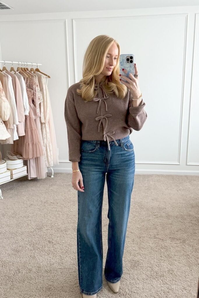 Brown Tie-Front Sweater + Dark Wash Straight-leg Jeans + Beige Pointed Heels