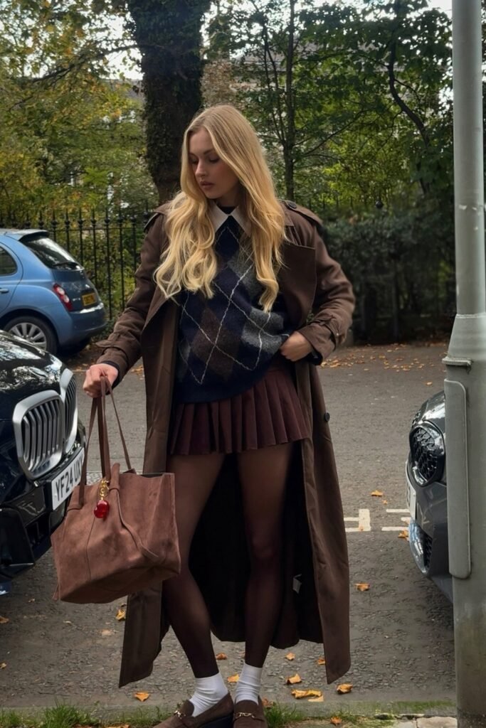 Brown Trench Coat + Argyle Sweater Vest + White Shirt + Pleated Brown Mini Skirt + Brown Loafers + White Socks + Brown Tote Bag