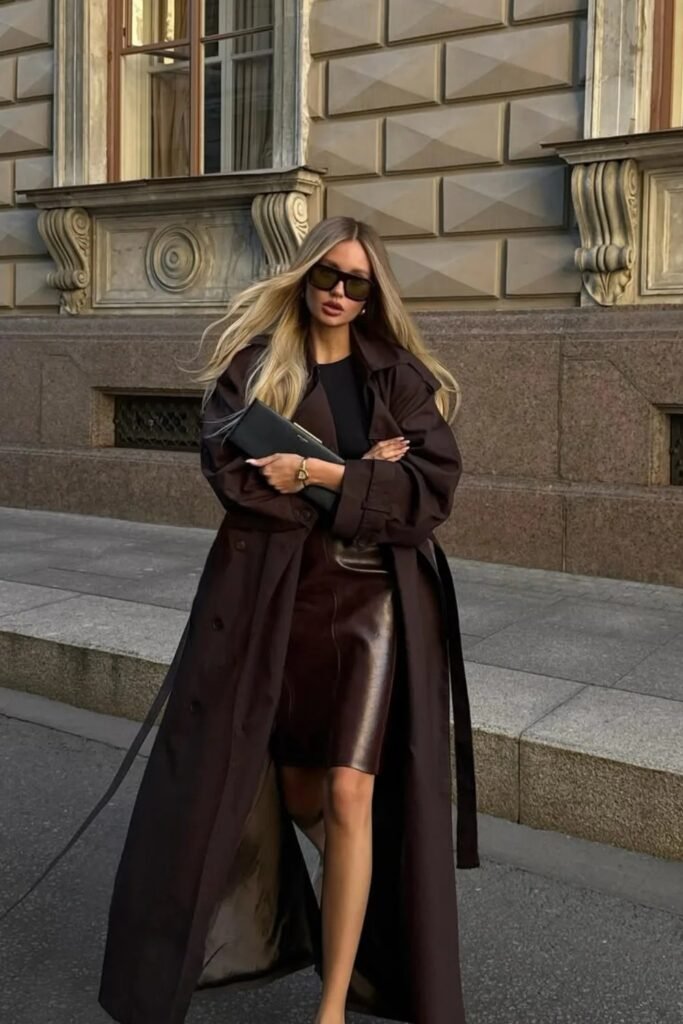 Brown Trench Coat + Black Top + Brown Leather Skirt + Black Clutch + Sunglasses
