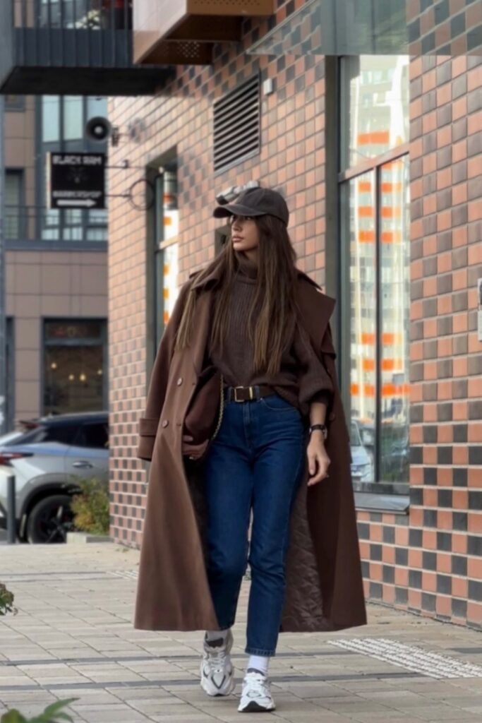 Brown Turtleneck Sweater + Brown Trench Coat + Dark Wash Straight-Leg Jeans