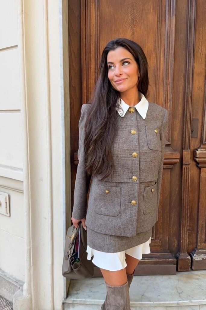 Brown Tweed Jacket Dress with Gold Buttons + White Collared Undershirt + Grey Handbag + Grey Knee-High Boots